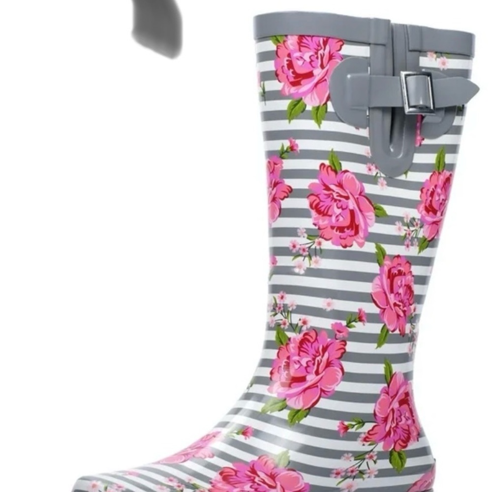 Gray and Pink Floral Women's Rain Boots